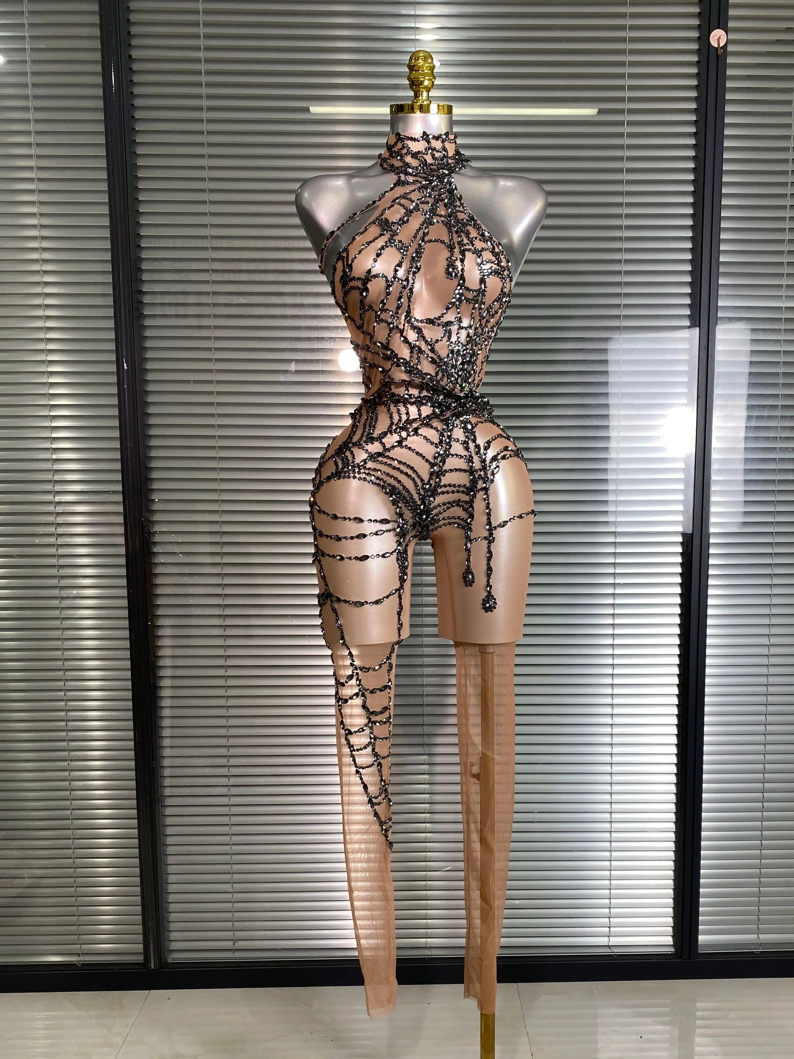 Women Sexy Crystal Jumpsuit Celebrity Designer Spider Web Stretchy Mesh Sheer Black Skin Singer Dancer Stage Night Club Rompers