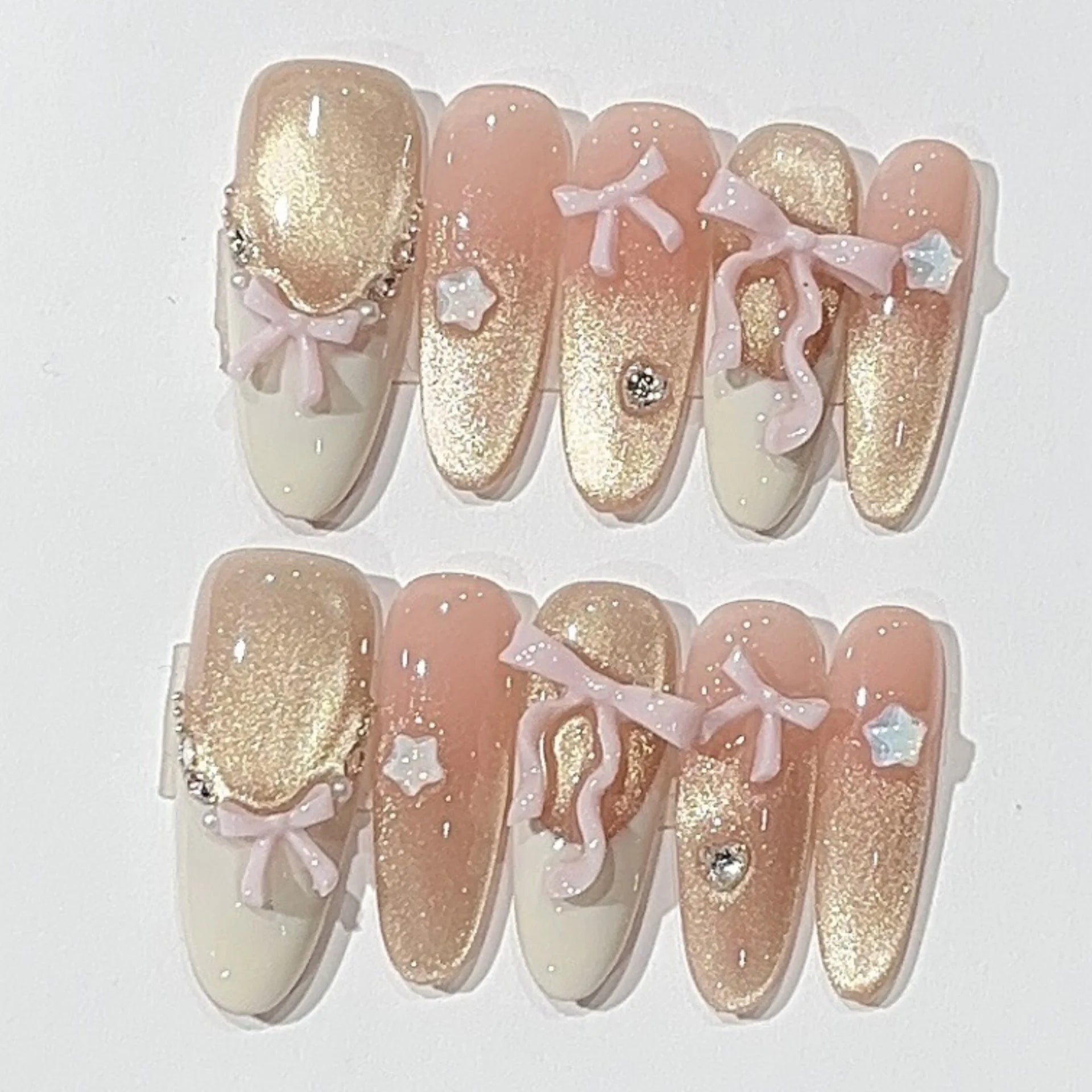 10pcs Bow Design False Nails Sets Wearable Cute Pink Mid-length Oval Handmade Press on Nails Tip with Diamond Press on Nails Art