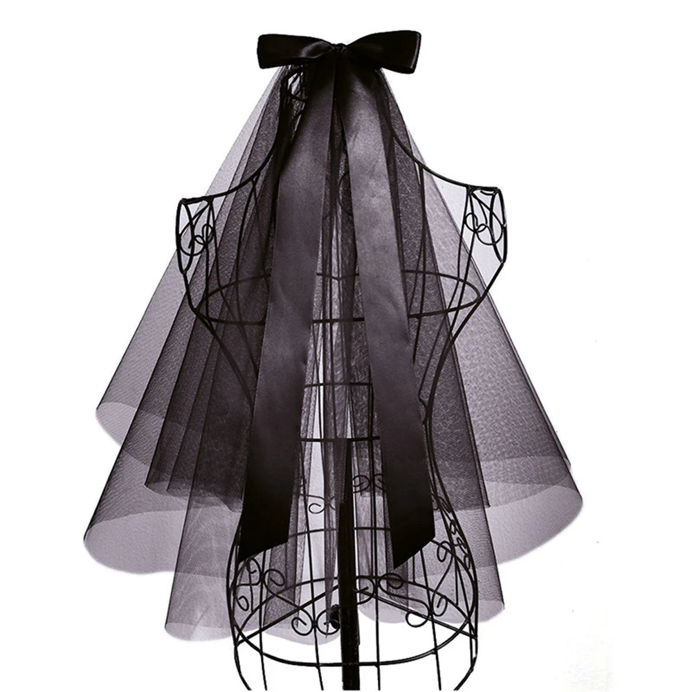 Gothic Black Wedding Veil with Comb Short 2 Layers Bow Tulle Bridal Veils Bride Veil for Bachelorette Party Accessories black 75cm