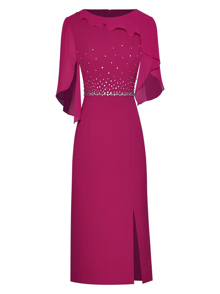 Summer Luxury Beading Cocktail Party Dresses for Women Elegant Fashion Ruffle Rose Red Dress Straight Knee Length Robe rose red XXL