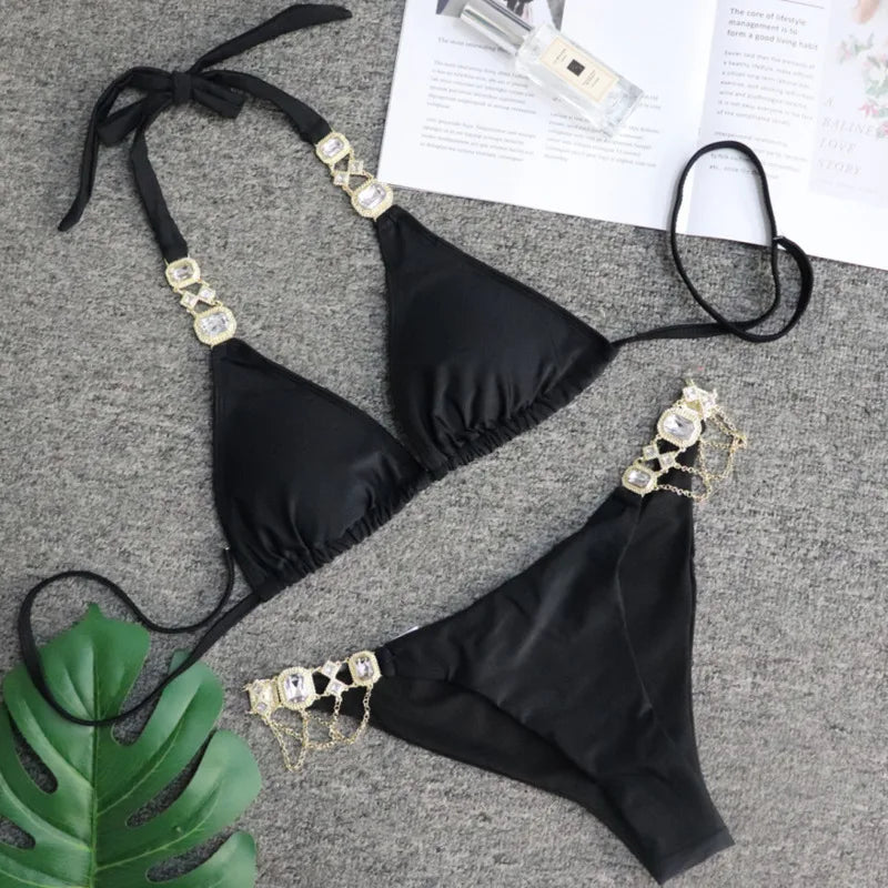 Black Sexy Bikinis Swimsuit With Rhinestones Women's Swimwear Female Push Up Bikini Beach Swim Wear Bathing Suits Pool Bather A23081401A
