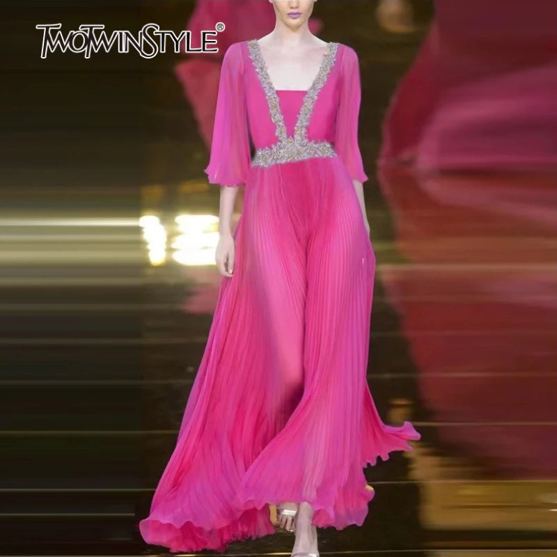 TWOTWINSTYLE Solid Sheer Spliced Sequin Dresses for Women Square Neck Half Sleeves Patchwork Folds Elegant Dress Female Clothing