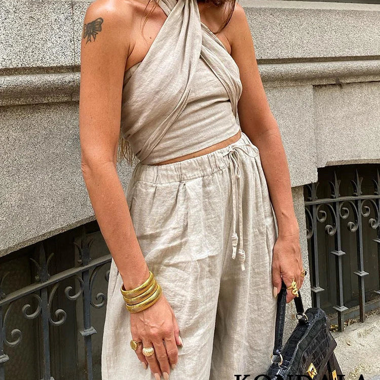 KONDALA Streetwear Khaki Linen Suits Women Sleeveless Halter Sexy Crop Tops Women+High Waist Wide Leg Pants Fashion Sets