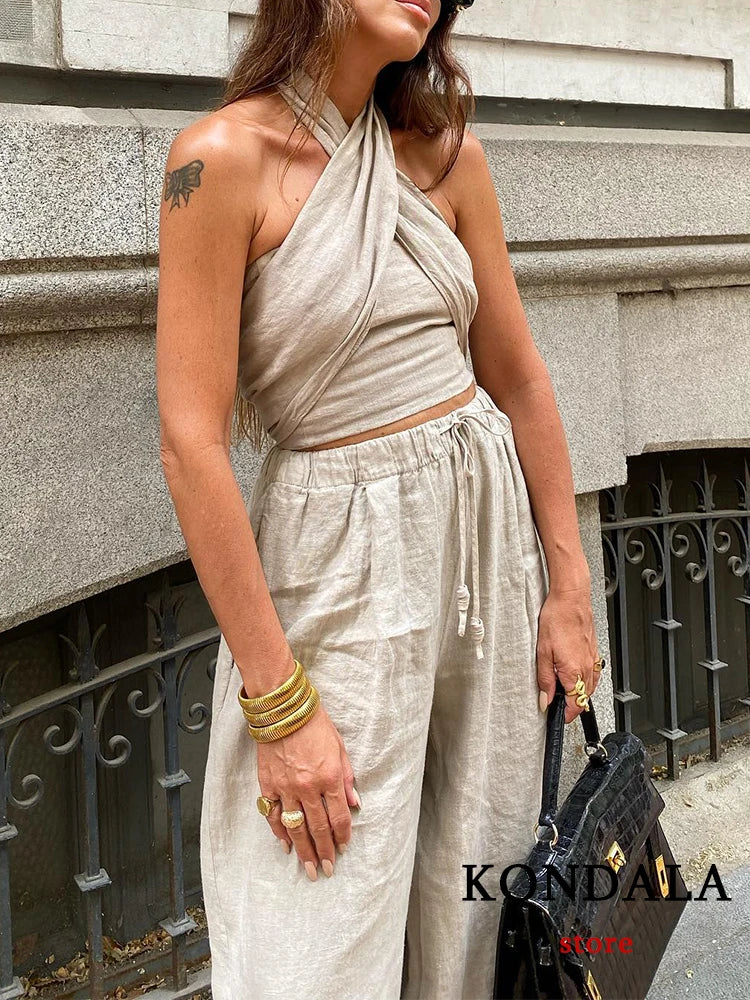 KONDALA Streetwear Khaki Linen Suits Women Sleeveless Halter Sexy Crop Tops Women+High Waist Wide Leg Pants Fashion Sets