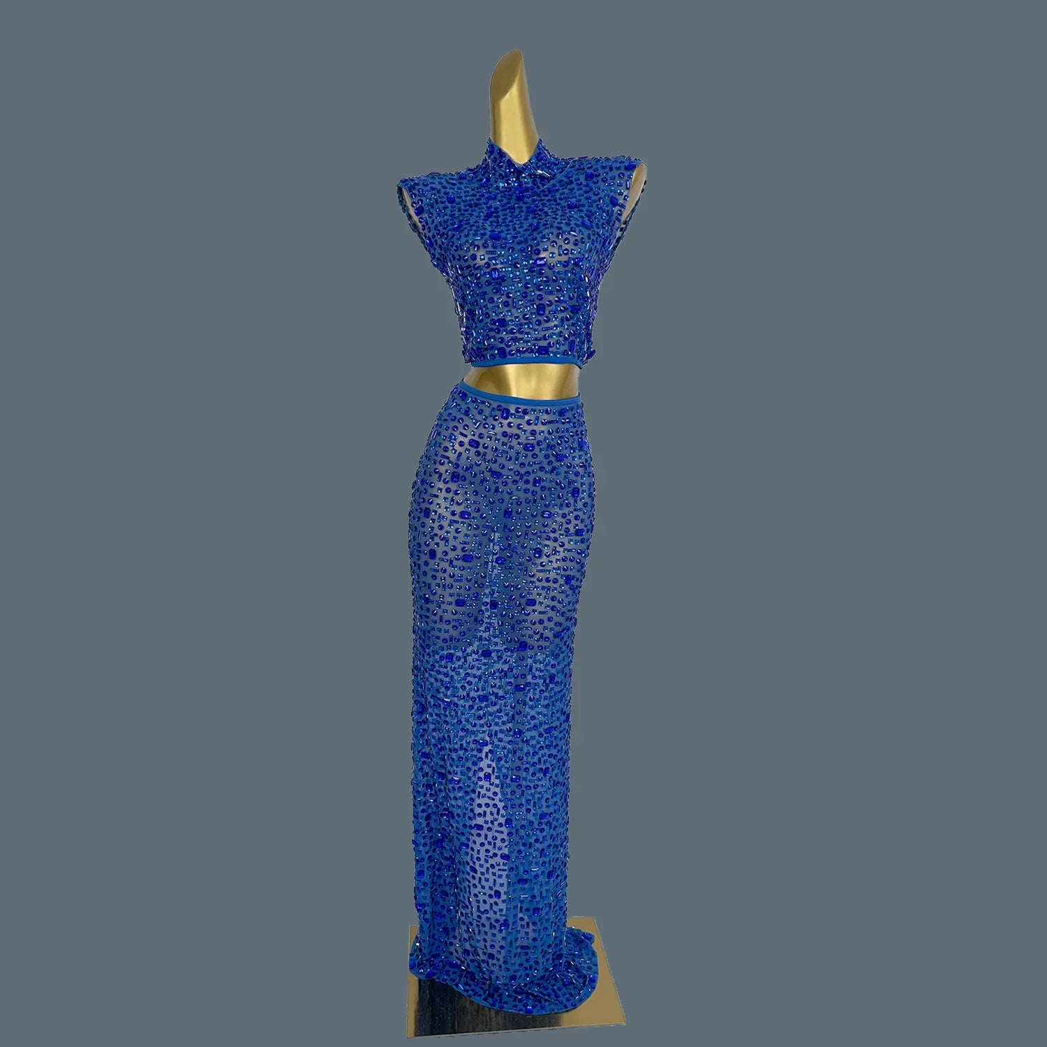 Lady Sexy Two Piece Set See Through Slit Crystal Rhinestone Mesh Dress for Club Party Wear Red Carpet Stage Show Costume Gesebei Blue