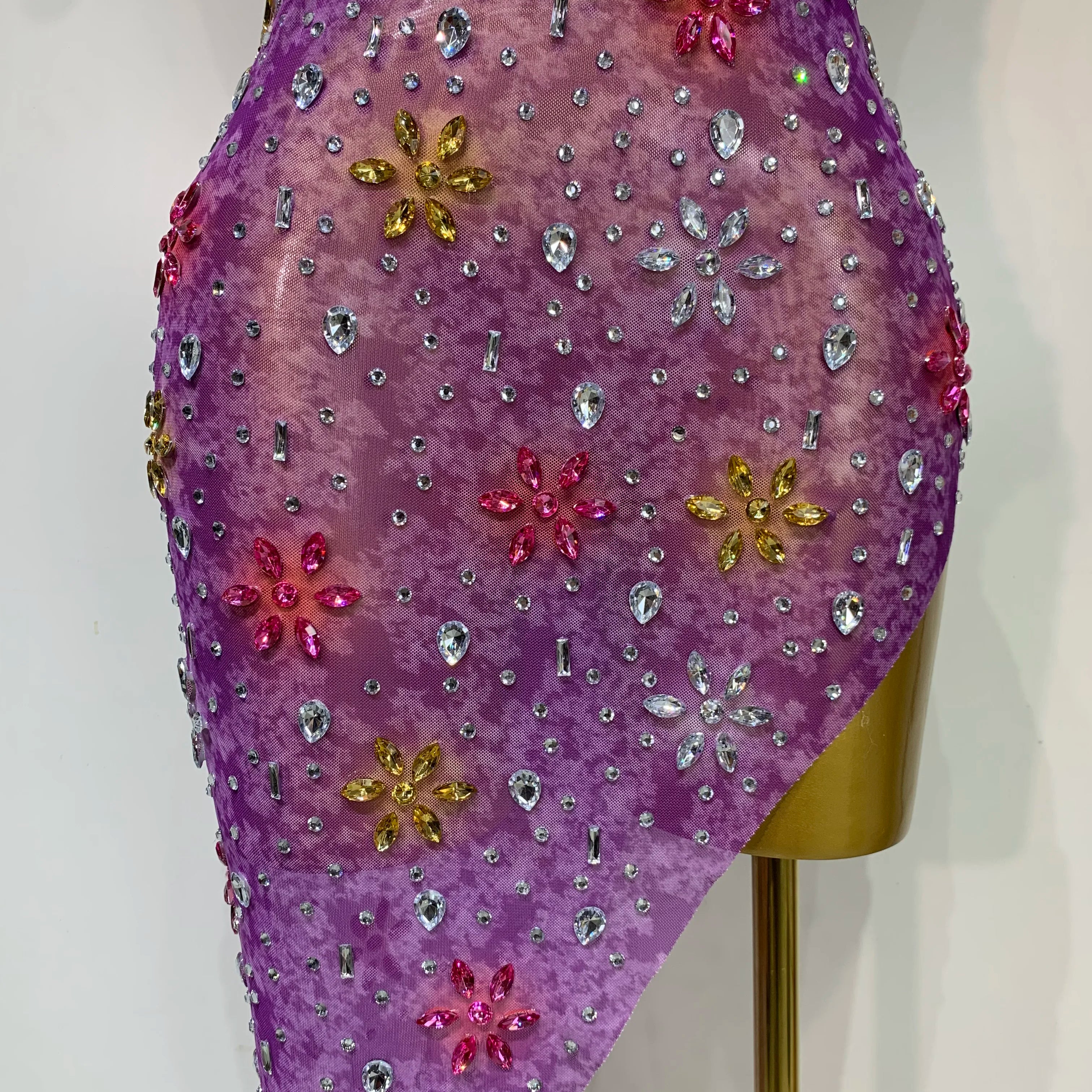 Women Sexy Mesh See Through Stretchy Sparkly Rhinestone Performance Costume Stage Dancer Nightclub Party Luxury Birthday Dress