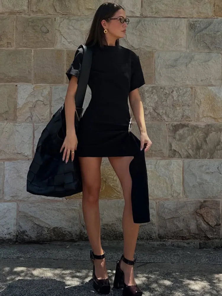 Short Sleeve Draped Sexy Mini Dress For Women Black Metal Buckle O Neck High Waist Bodycon Club Dress Vestido Clothes