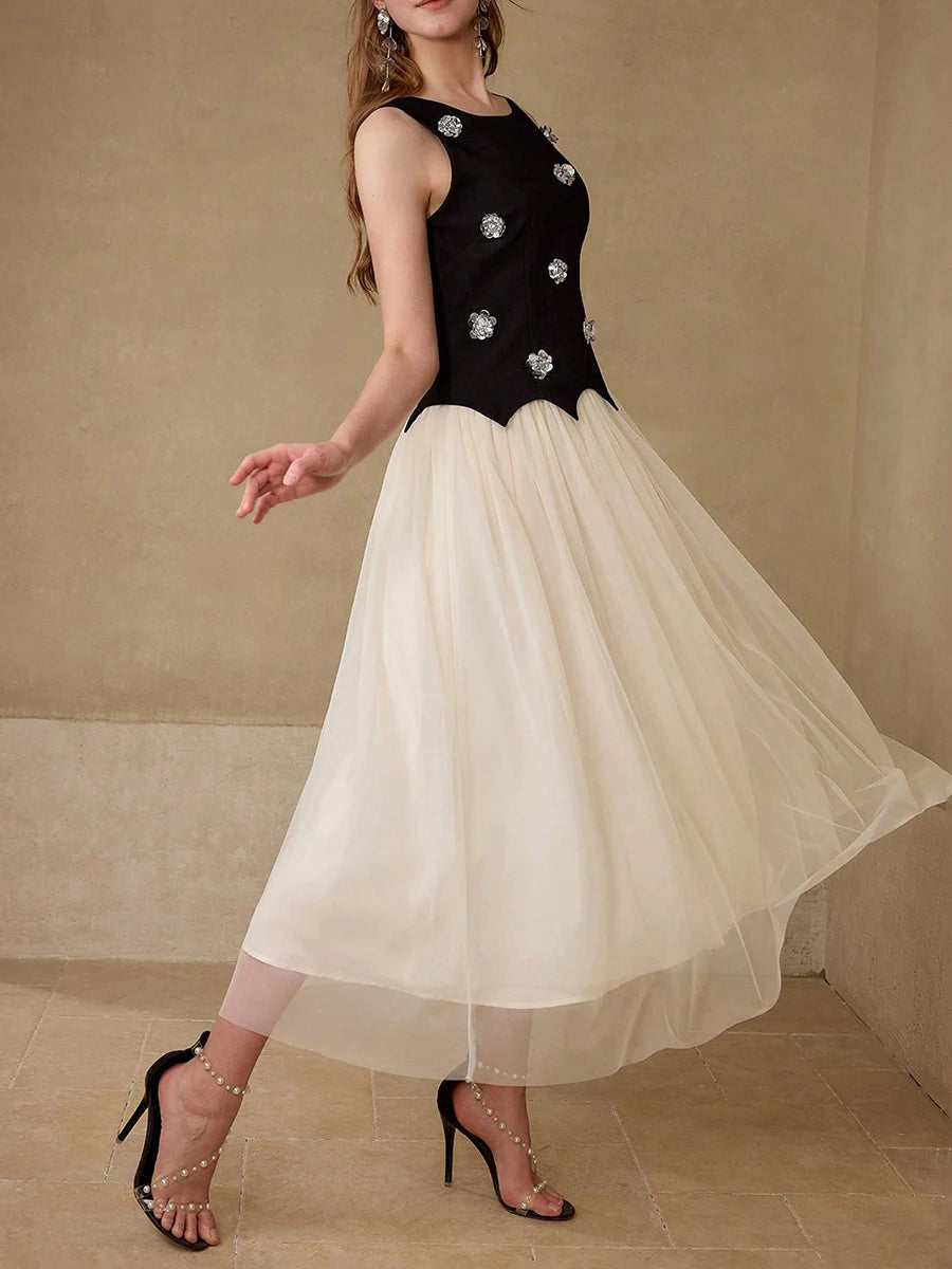 TWOTWINSTYLE Hit Color Spliced Appliques Elegant Dresses for Women Round Neck Sleeveless Patchwork Mesh Dress Female Fashion New