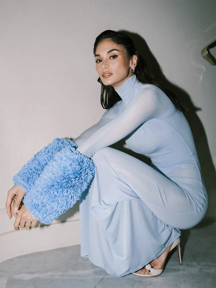Women Celebrity Sexy Long Sleeve Mesh Sky Blue Maxi Long Bodycon Dress 2024 Elegant Evening Club Party Outfit