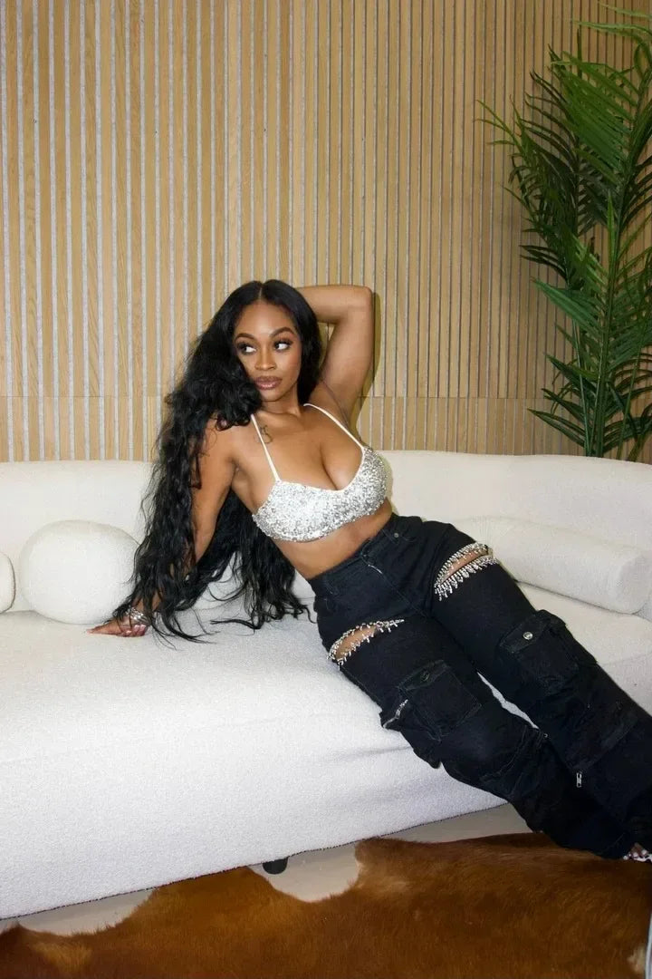 CM.YAYA Women Cutout Diamonds Crystal Hollow Out Straight Denim Pants 2024 Fall Multi Pocket High Waist Wide Leg Jeans Trousers