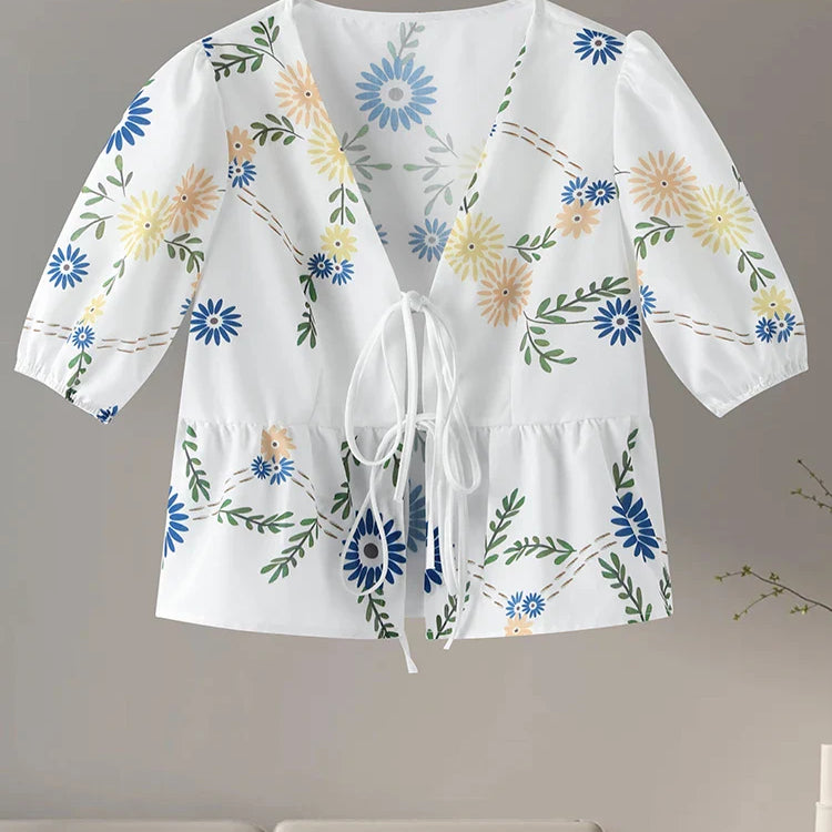 Fashion Print Bow Lace Up Women Blouses Loose V-neck Short Puff Sleeve Female Shirts Spring Summer Casual Lady Flower Tops