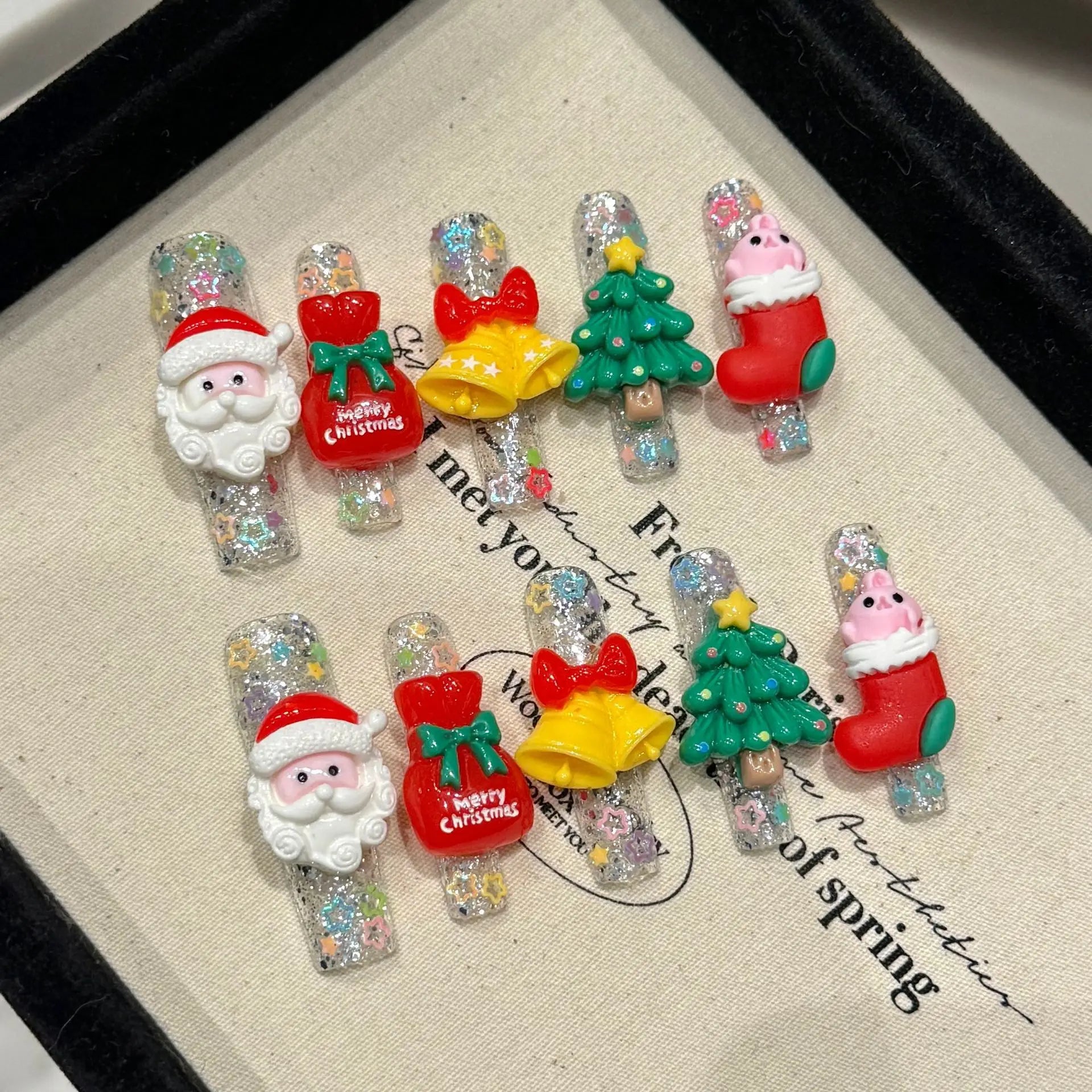10 peças unhas postiças 3D artesanais de Natal, unhas postiças com laço de Papai Noel, unhas postiças de acrílico francesas de neve de inverno