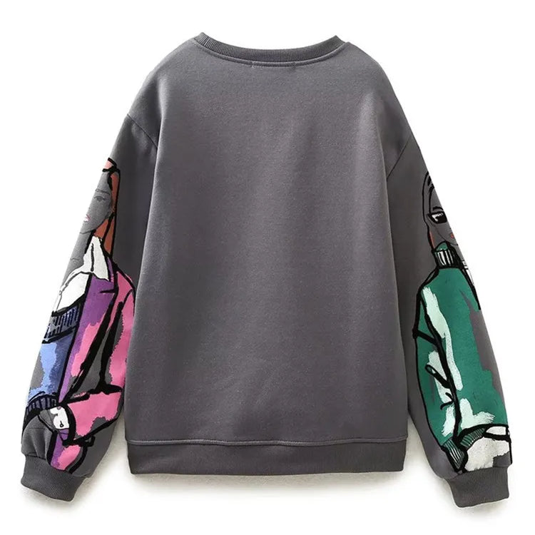 Women Fashion Modern Ladies Print Loose Fleece Sweatshirts Female O Neck Long Sleeve Hoodies Chic Pullovers Tops H2840