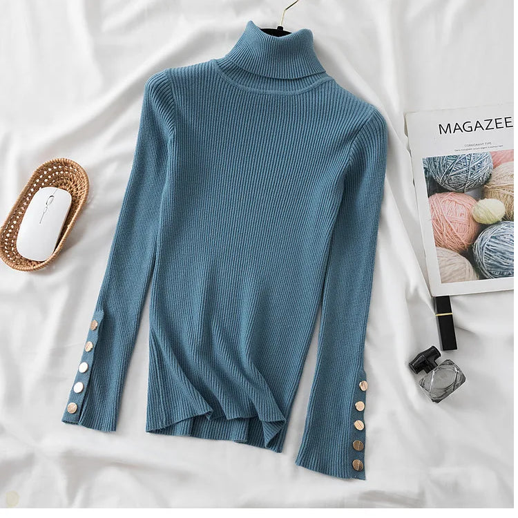 Thick Sweater Pullovers Long Sleeve Tops Women Autumn Winter Clothes Slim Knit Soft Jumper Streetwear Button Turtleneck Sweater blue One Size