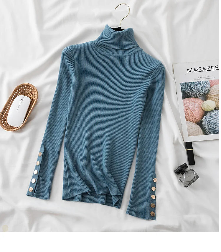 Thick Sweater Pullovers Long Sleeve Tops Women Autumn Winter Clothes Slim Knit Soft Jumper Streetwear Button Turtleneck Sweater blue One Size