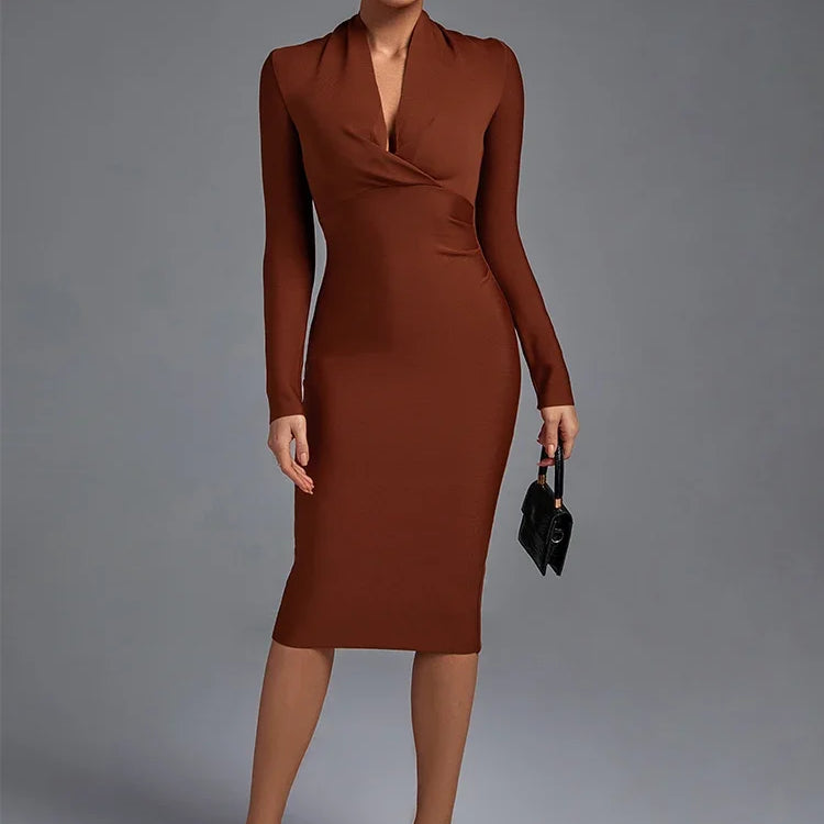Draped Bandage Dress Women Long Sleeve Bandage Dress Bodycon Elegant Sexy Midi Evening Party Dress Summer Club Outfits