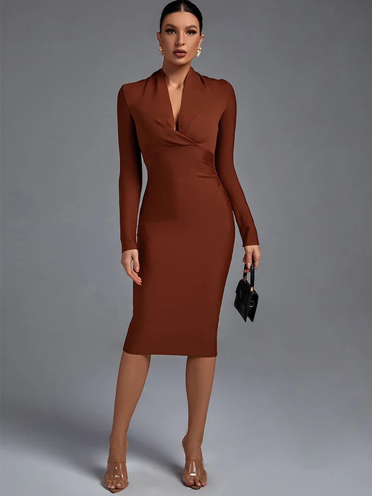 Draped Bandage Dress Women Long Sleeve Bandage Dress Bodycon Elegant Sexy Midi Evening Party Dress Summer Club Outfits