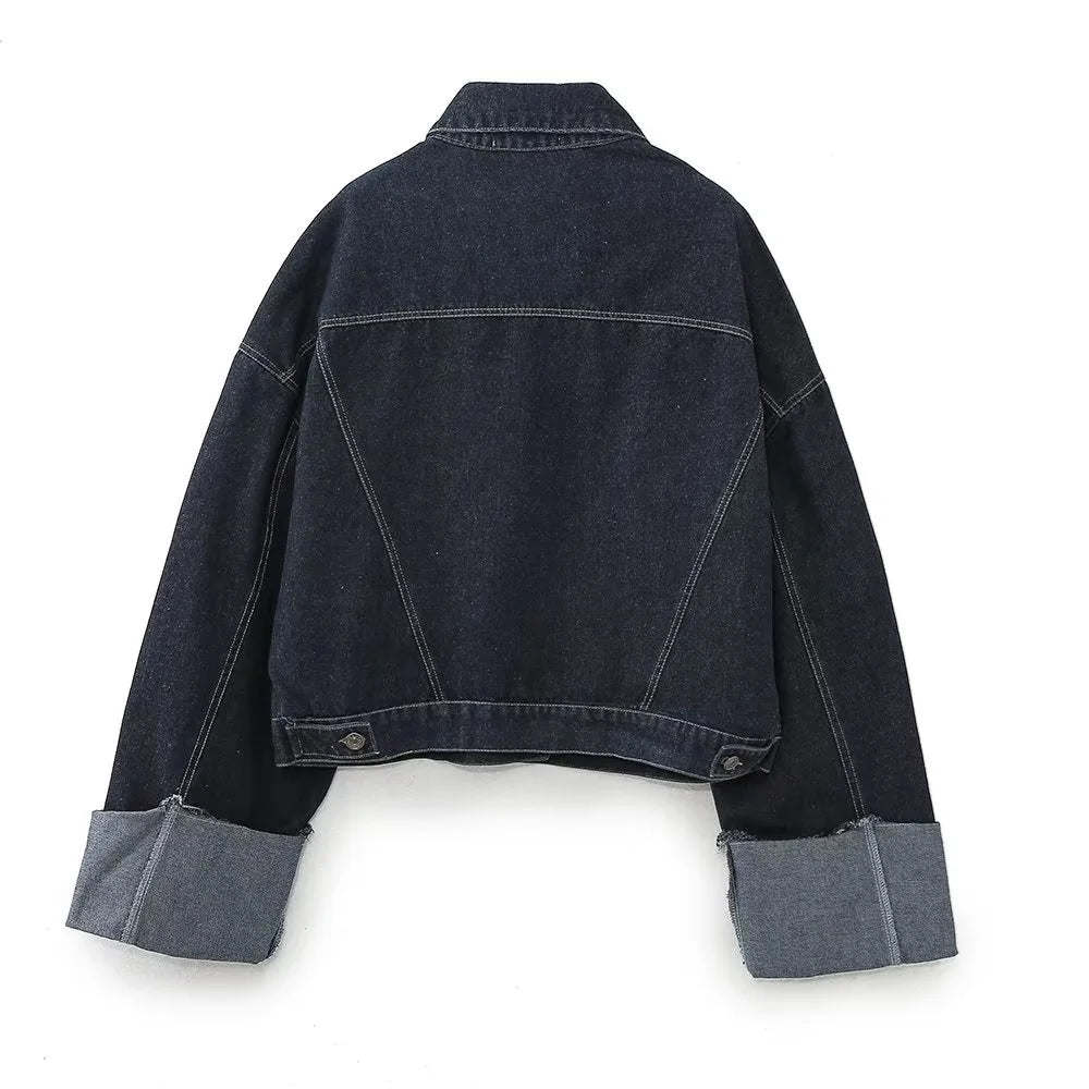 Women's Fashion Casual Denim Jacket Coat Curled Hem Pants Set