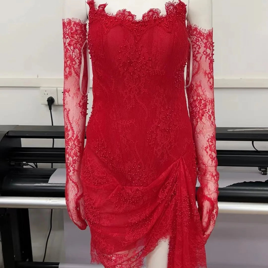 Black Red European Lace Gauze Gauze Wrapped Chest Irregular Mini Skirt