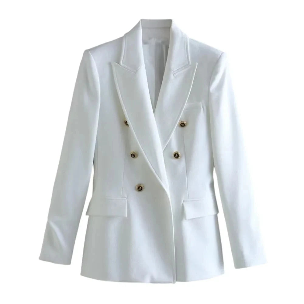 Women's Fashion Long Sleeve Lapel False Pocket Trim Blazer Women's Elegant Double Breasted Solid Color Suit Autumn White