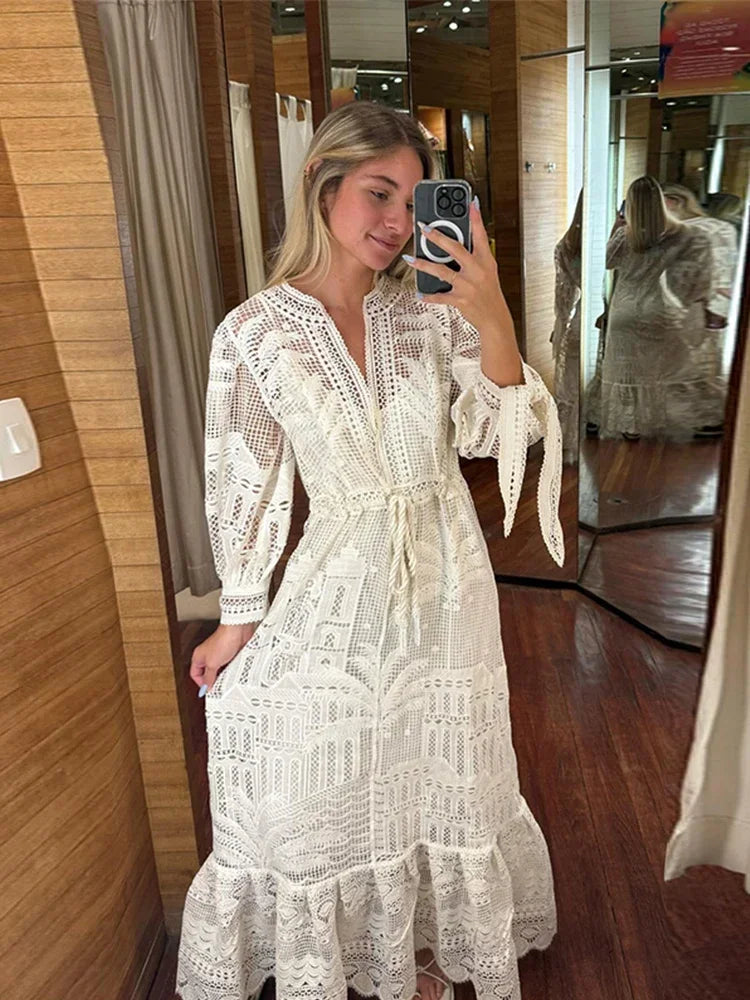 Casual Knit Hollow Out Patchwork Maxi Dress For Women O-neck High Waist Drawstring Lantern Sleeve Dresses Summer Beach Lady Robe