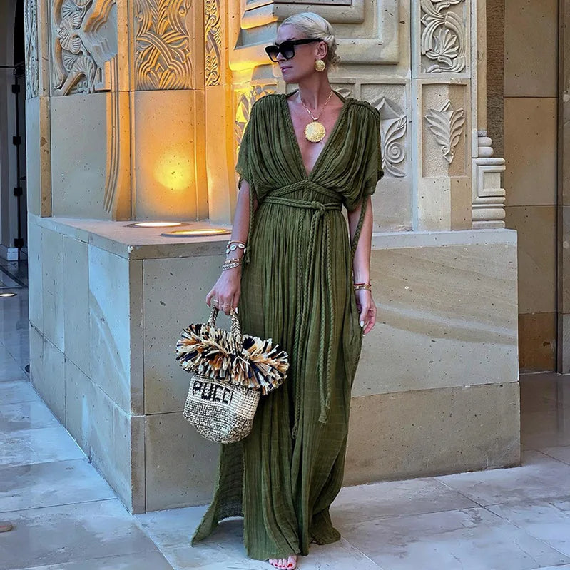 Green Bohemia Holiday Dress Women Elegant Solid Casual Loose Long Dresses Summer Sexy Split Backless Maxi Beach Dress New Green One Size
