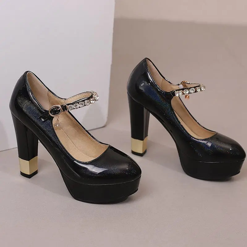 SIMLOVEYO Patent Leather Women Pumps Round Toe High Heels 11.5cm Platform Buckle Strap Size 49 50 Sexy Party Shoes
