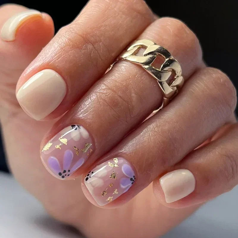 24 peças unhas curtas retrô com design de flores, arte para manicure, unhas postiças rosa, unhas postiças quadradas vestíveis, pontas de unhas com cobertura total