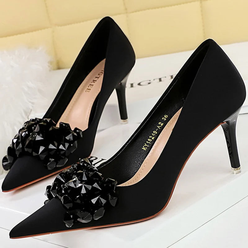 Women 7.5cm 10.5cm High Heels Luxury Pumps Lady Silk Shallow Pointed Toe Rhinestone Crystal Bling Buckle Low Heels Green Shoes Black 7.5cm