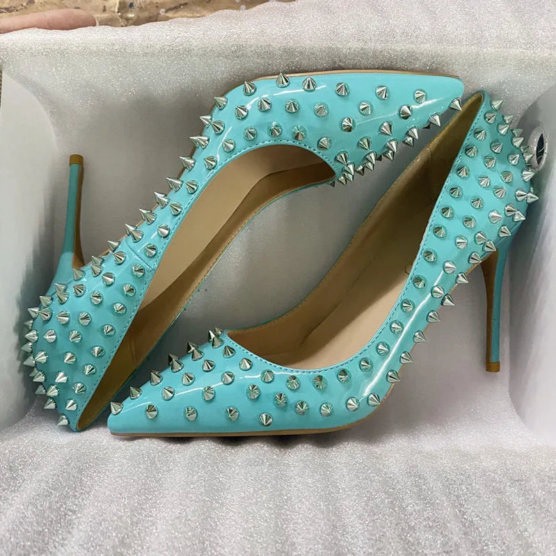 Heelgoo Shiny Spikes Women Patent Pink Pointy Toe Sexy High Heel Party Shoes Rivets Studs Ladies Slip On Stiletto Pumps 8-12cm Green 10cm Heel