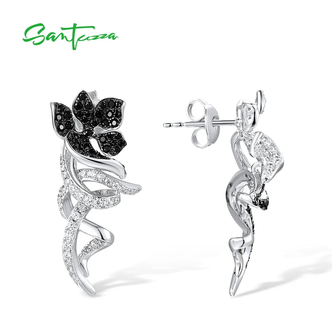 SANTUZZA Authentic 925 Sterling Silver Dangling Earrings For Women Sparkling White Black Flower Party Gift Elegant Fine Jewelry