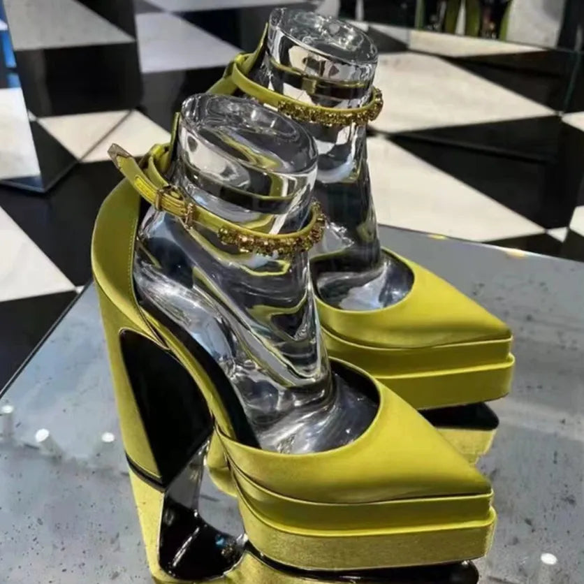 Luxury Women High Heel Shoes Platform Sandals Pointed Toe Woman Silk Pumps Sexy Rhinestone Buckle Chunky Heel Wedding Shoes