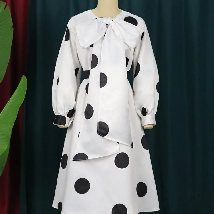 Women White Dress Polka Dot Print Big Bow Lantern Sleeve Spring Elegant Fashion Birthday Party Evening Plus Size Gown Robes 4XL with belt