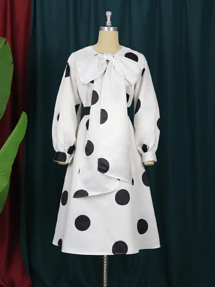 Women White Dress Polka Dot Print Big Bow Lantern Sleeve Spring Elegant Fashion Birthday Party Evening Plus Size Gown Robes 4XL with belt