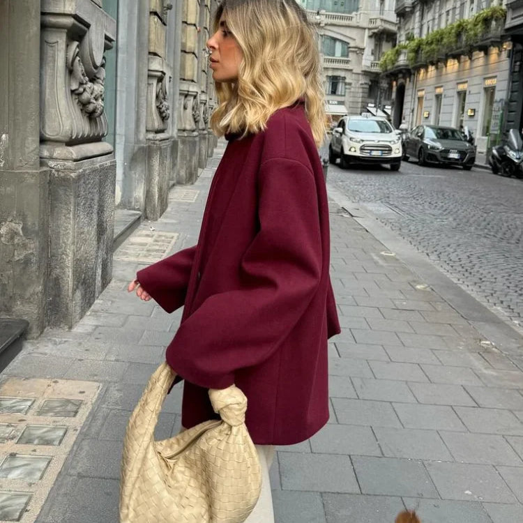 New Fashion Burgundy Red Woolen Suit Jacket With Scarf Collar Women Chic Oversized Flip Pockets Solid Coats Lady Streetwear