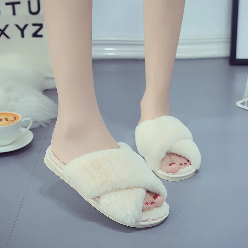Winter Women Home Indoor Casual Slippers Female Flip Flops Fluffy Shoes Cross Design Slides Ladies Soft Warm Plush Slipper