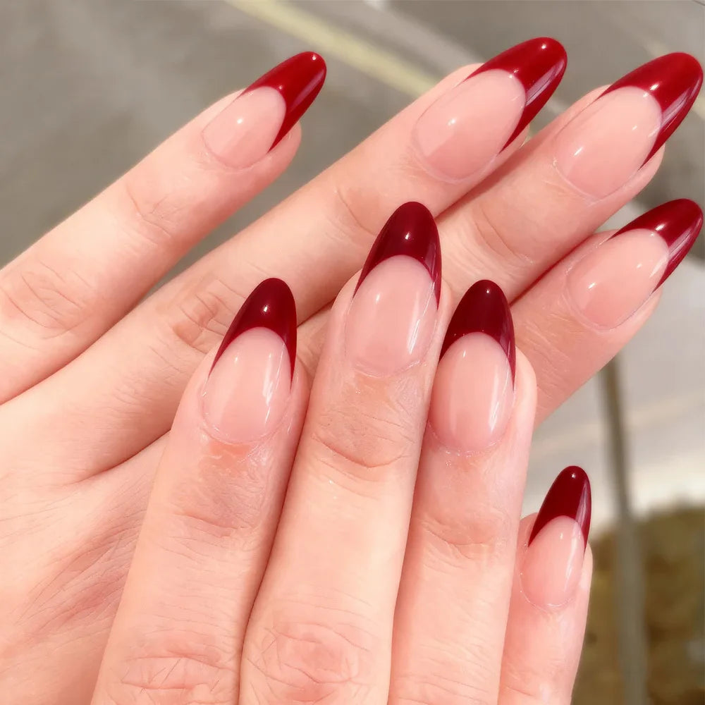 30Pcs White/Black/Red French False Nails Women Daily Charm Manicure Nude Color Almond Press On Nails Wearable Fake Nails Art