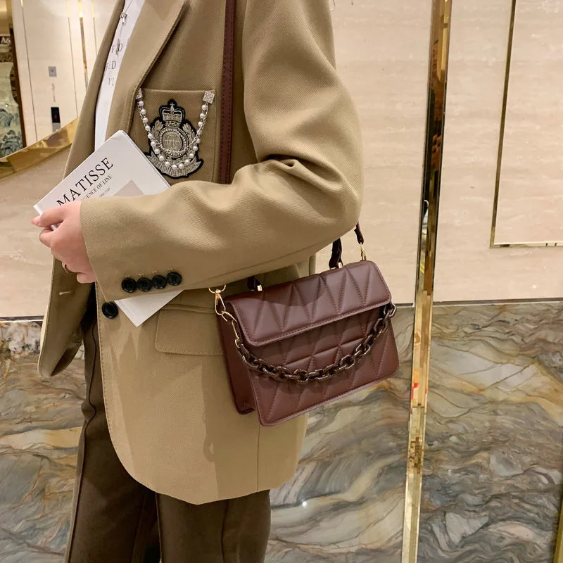 Solid Plaid Crossbody Bags For Women, Chain Decor Fashion Shoulder Bag Ladies Handbag