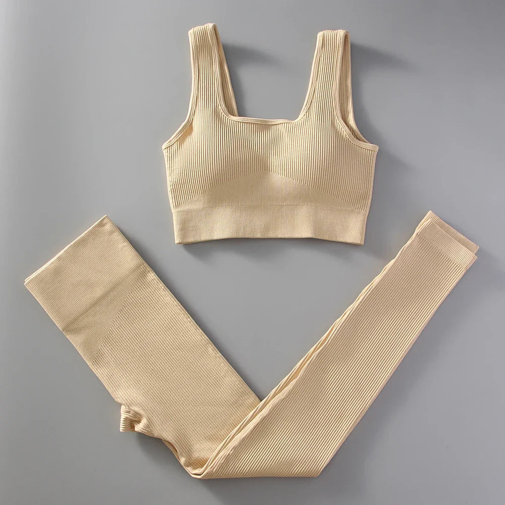 2Pcs White Yoga Clothing Sets Women High Waist Leggings Set Seamless Tracksuit Fitness Workout Outfits Gym Wear Girls Top khaki CHINA