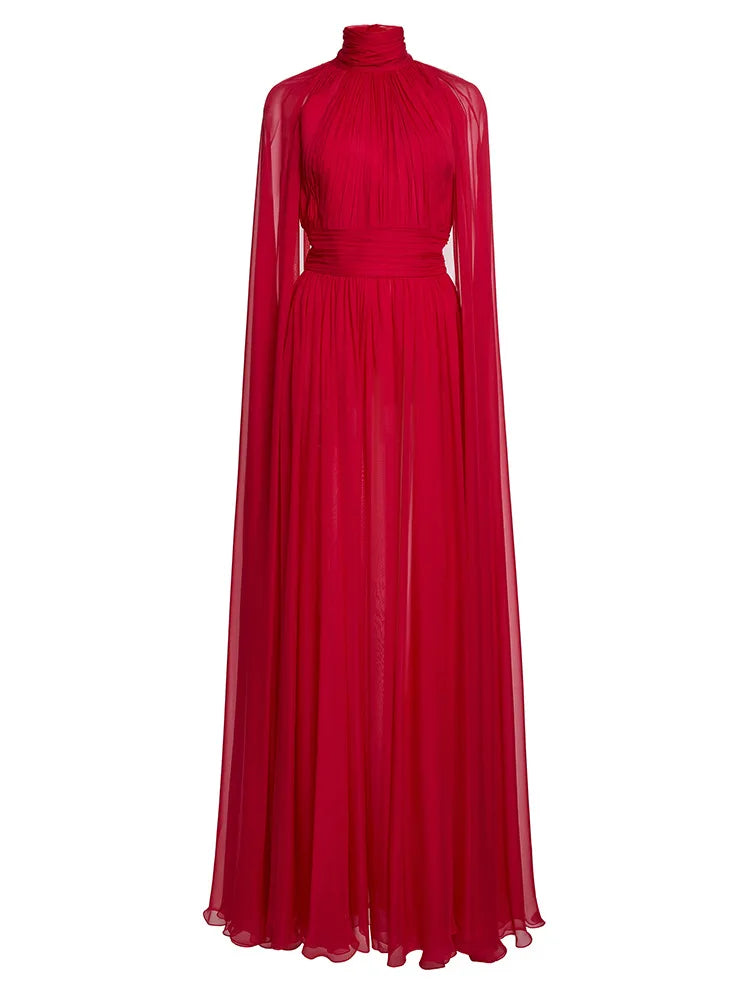 2025 New Arrival Red Color Women Fashion Cloak Sleeve Slim Floor-length Dress Elegant Eveening Party Celebrate Prom Outfit