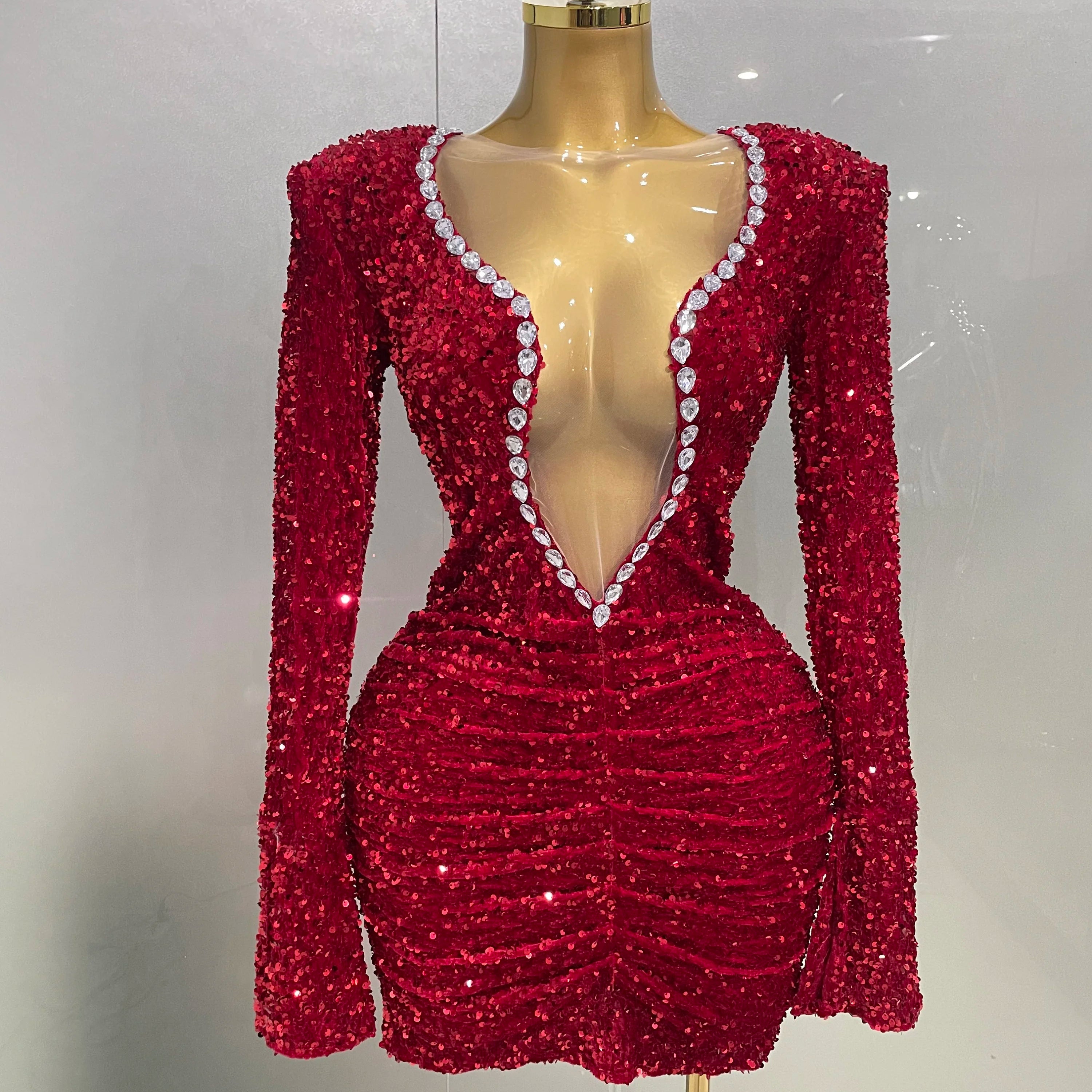 Sexy Shiny Red Sequins Rhinestones Sheath Mini Dress 2025 New Women Evening Birthday Party Nightclub Stage Performance Costume