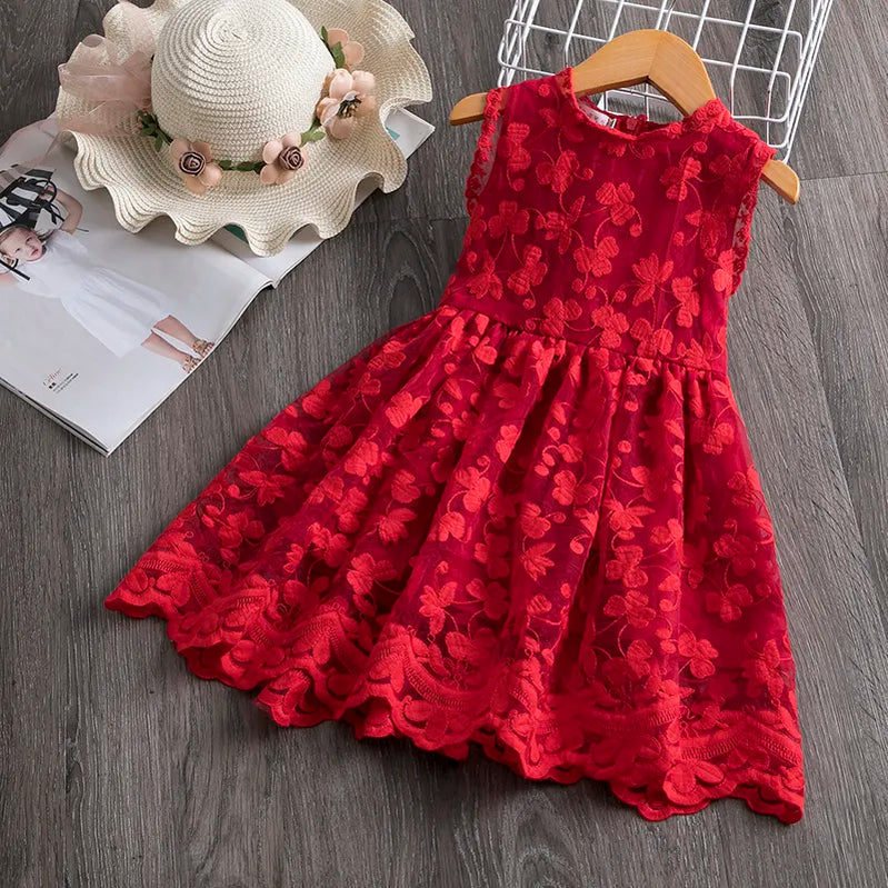 Elegant Flower Girls Dress Wedding Party Princess Dress Casual Kids Clothes Lace Long Sleeves Dress Children's Vestidos For 3-8T 652 red