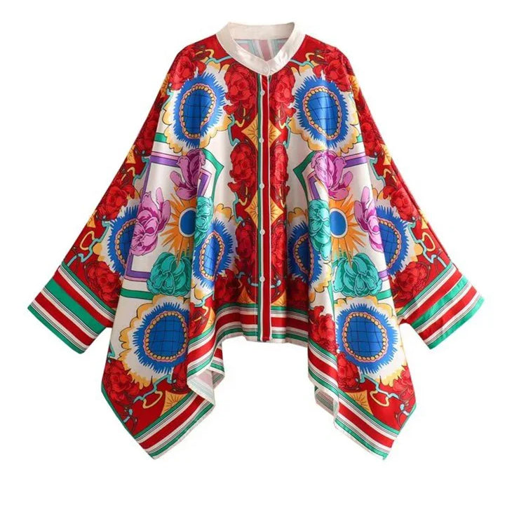 ZARATRAFnew summer women's silk texture printed trousers suit shirt bat shirt + positioning printed high waist trousers printed tops 1