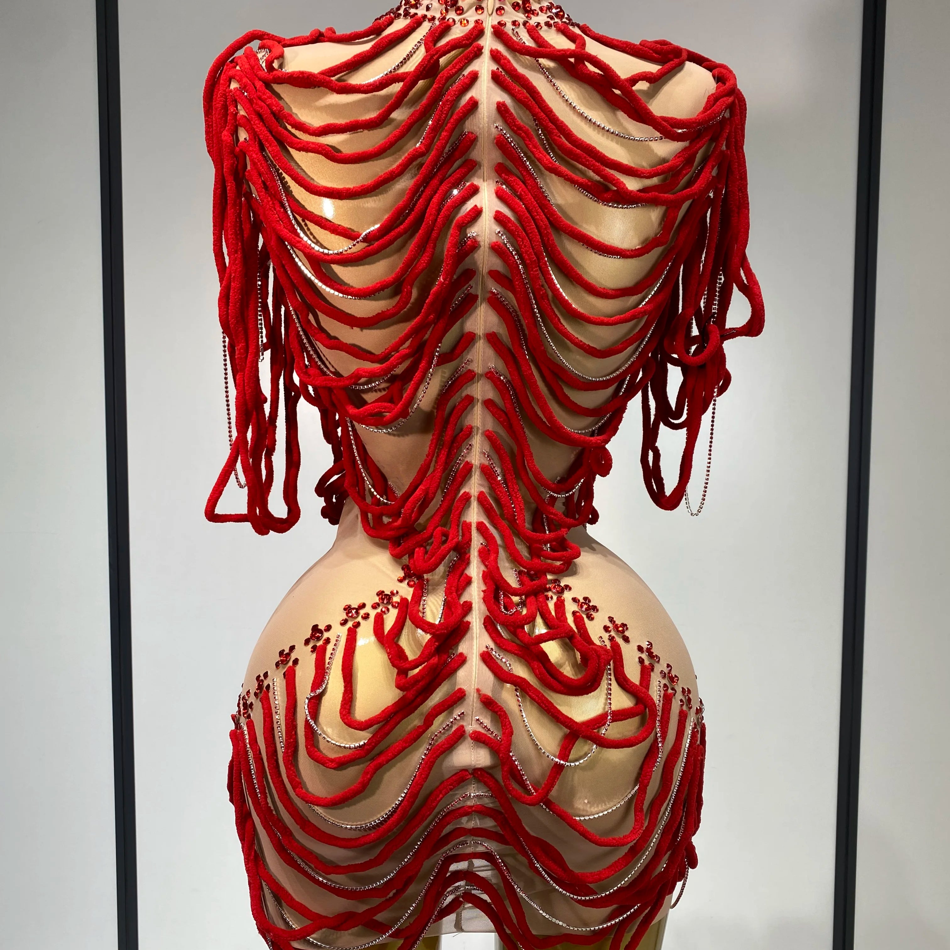 Women Mesh Elastic Sexy Tight Fitting Sparkly Diamond Chain Short Dress Nightclub Luxury Birthday Stage Performance Costumes