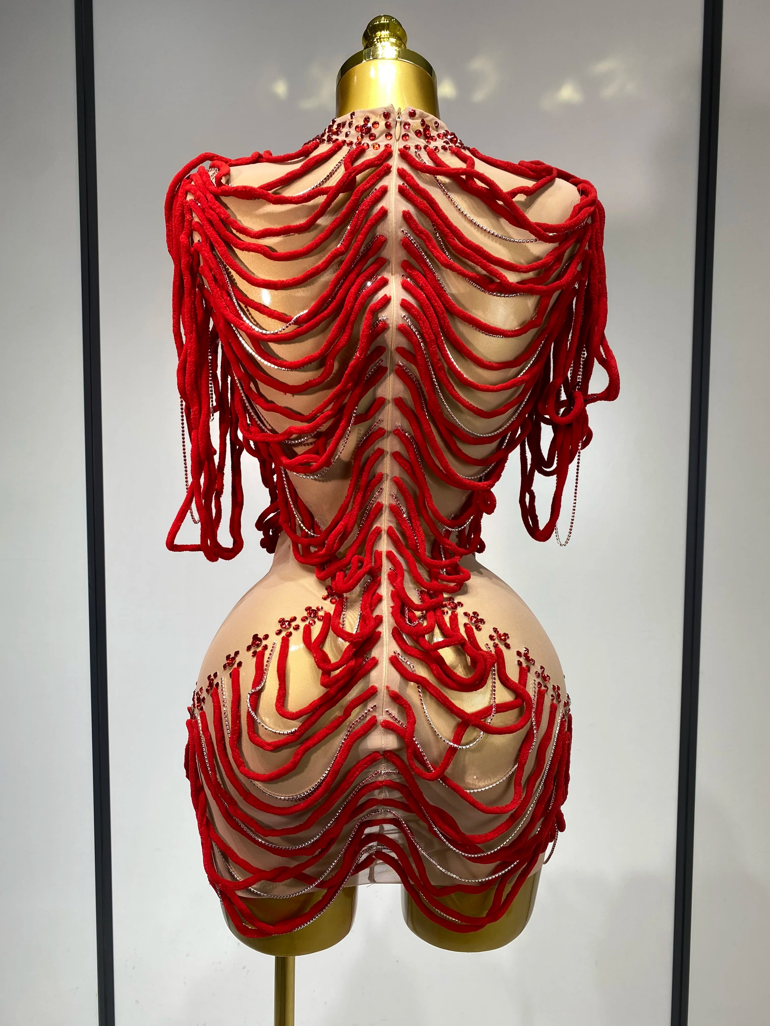 Women Mesh Elastic Sexy Tight Fitting Sparkly Diamond Chain Short Dress Nightclub Luxury Birthday Stage Performance Costumes