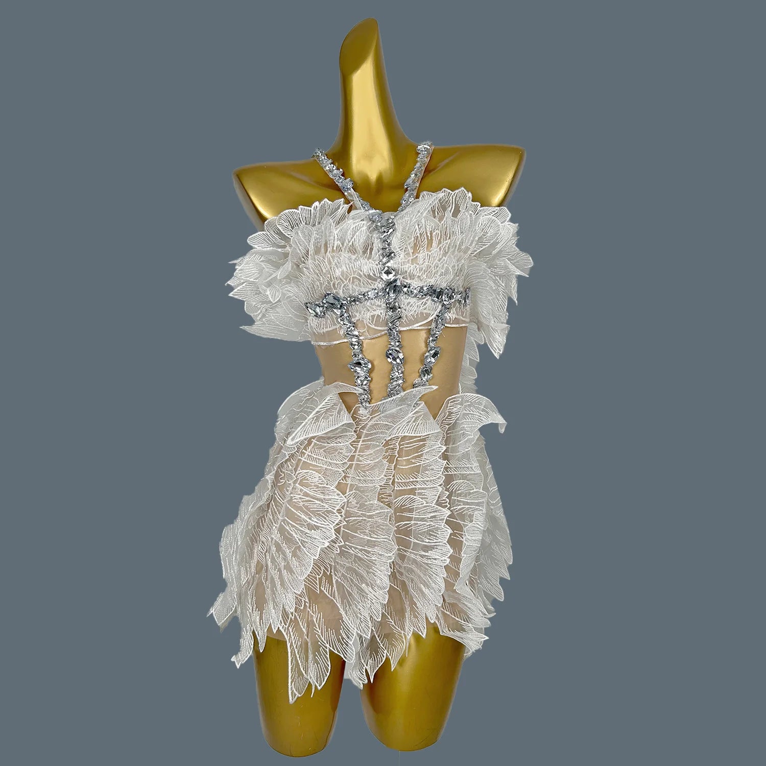 Women Celebrity Sexy Wing Beading Diamonds Gold Short Dress Wedding Party Prom Nightclub Sparkly Gowns Vestido 2024 Jinchan