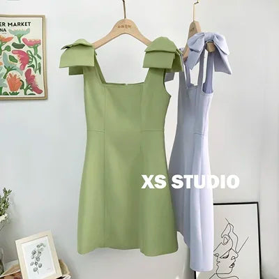 French New Female Sexy Bow Above Knee Suspender Dress Women's Summer Fashion Elegant Sleeveless A- Line High Waist Dress Light Green