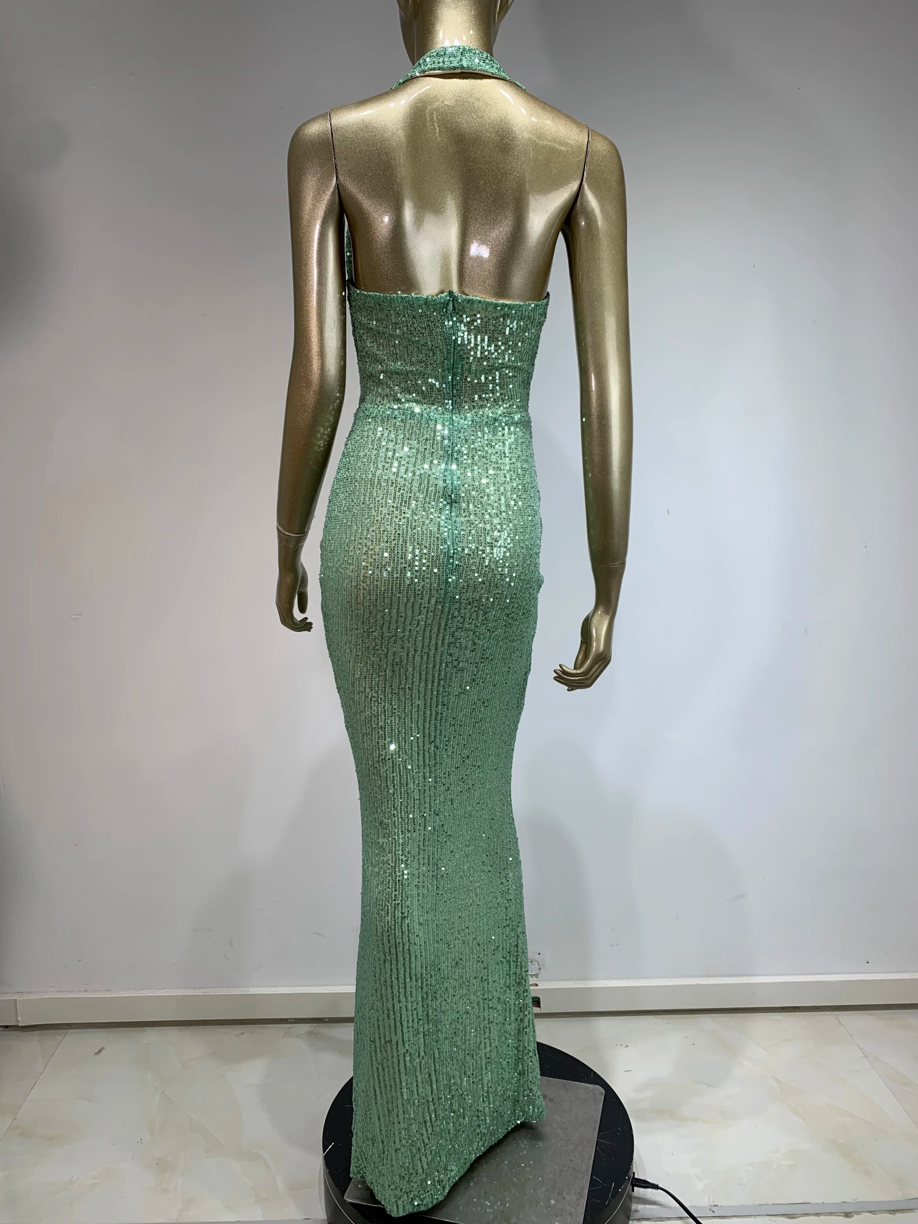 Women Celebrity Sexy Backless Halter Mesh Sequins Sparkly Maxi Long Gowns Dress 2024 Elegant Evening Party Club Dress Vestido