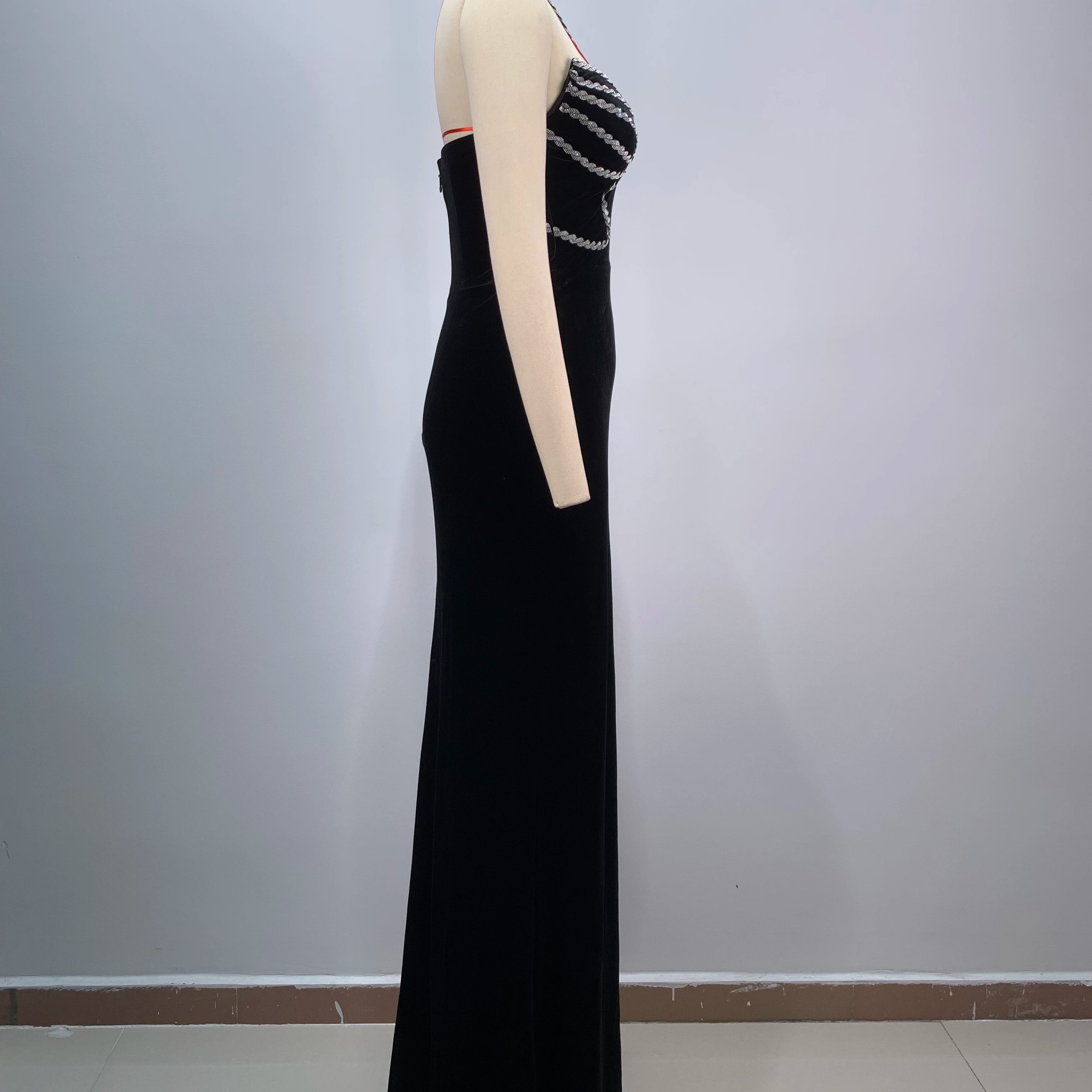 Top Women Sexy Halter Off the Shoulder Shinning Crystal Velvet Bodycon Long Dress High Split Fashion Evening Party Dress