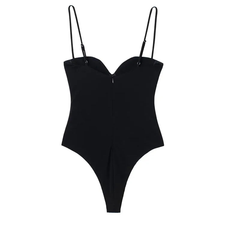 Women Fashion With Sweetheart Neck Draped Bodysuits Vintage Backless Zipper Thin Straps Female Playsuits Mujer